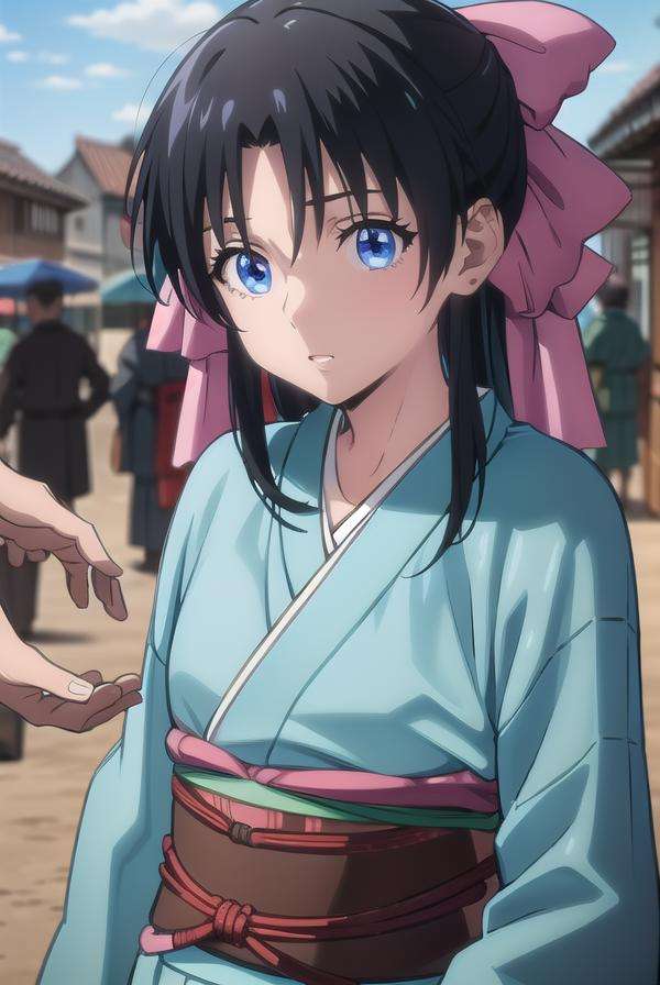 kaorukamiya, <lora:kaorukamiyatest:1>, kaoru kamiya, blue eyes, black hair, pink bow, bow, hair bow,BREAK japanese clothes, kimono, sash, obi,BREAK looking at viewer,BREAK outdoors,BREAK <lora:GoodHands-vanilla:1>, (masterpiece:1.2), best quality, high resolution, unity 8k wallpaper, (illustration:0.8), (beautiful detailed eyes:1.6), extremely detailed face, perfect lighting, extremely detailed CG, (perfect hands, perfect anatomy),