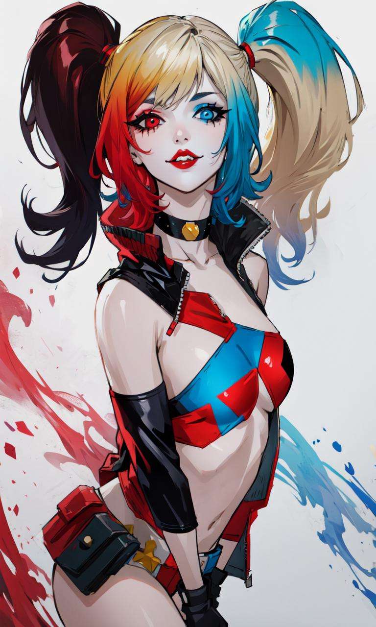 <lora:HarleyQuinnV1.3:1>, harley quinn, white background, 1girl, 