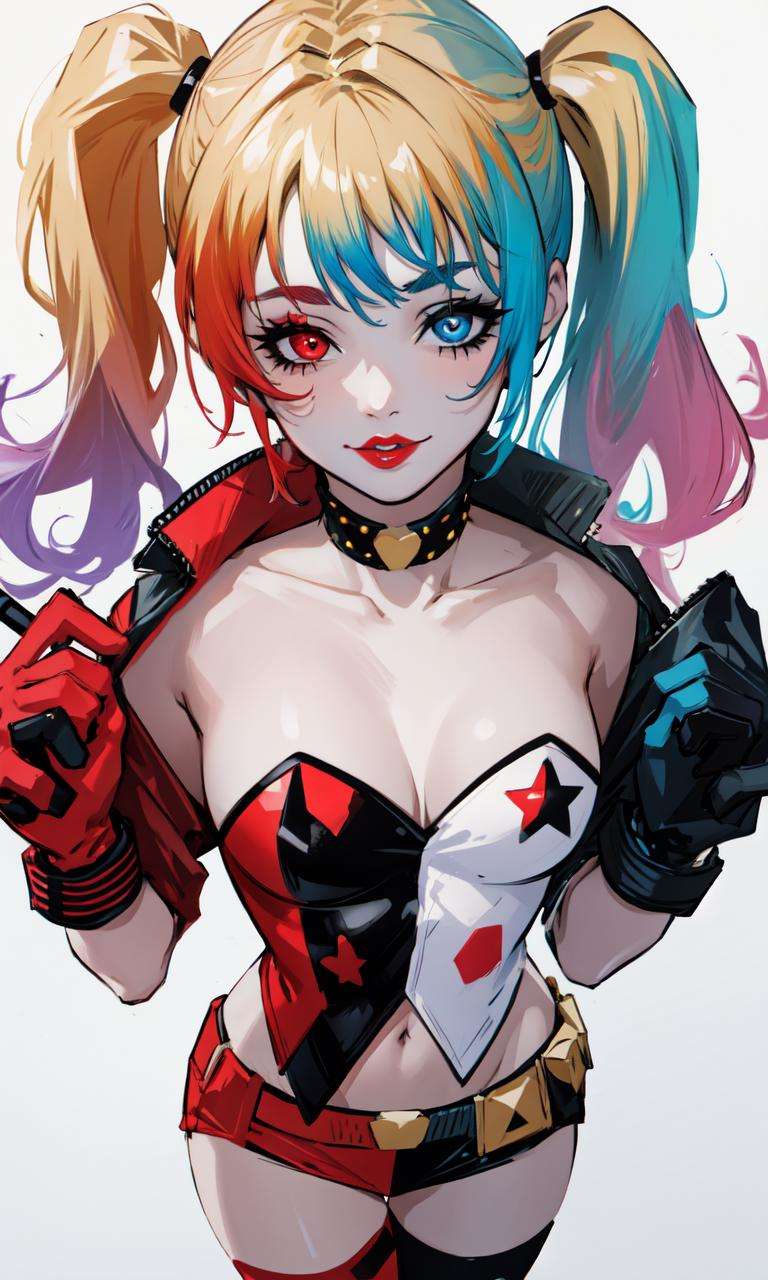 <lora:HarleyQuinnV1.3:1>, harley quinn, white background, 1girl, 