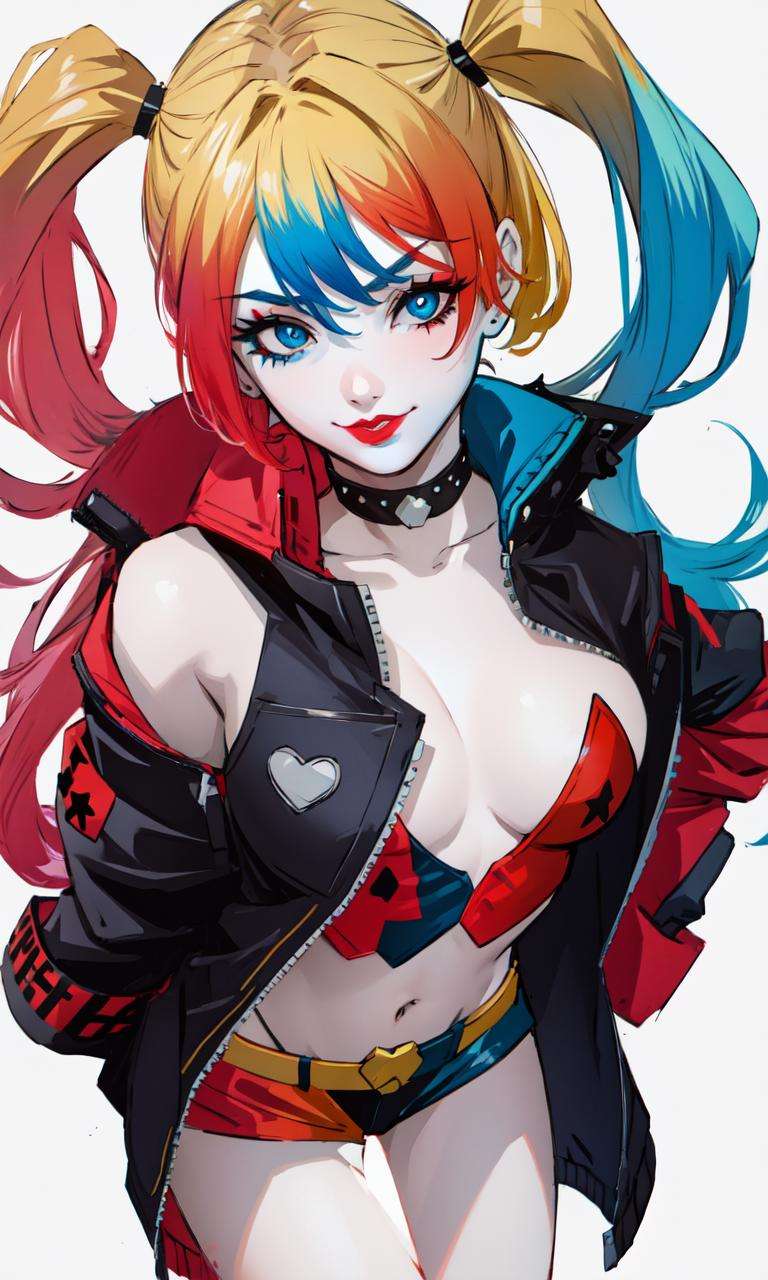 <lora:HarleyQuinnV1.3:1>, harley quinn, white background, 1girl, 