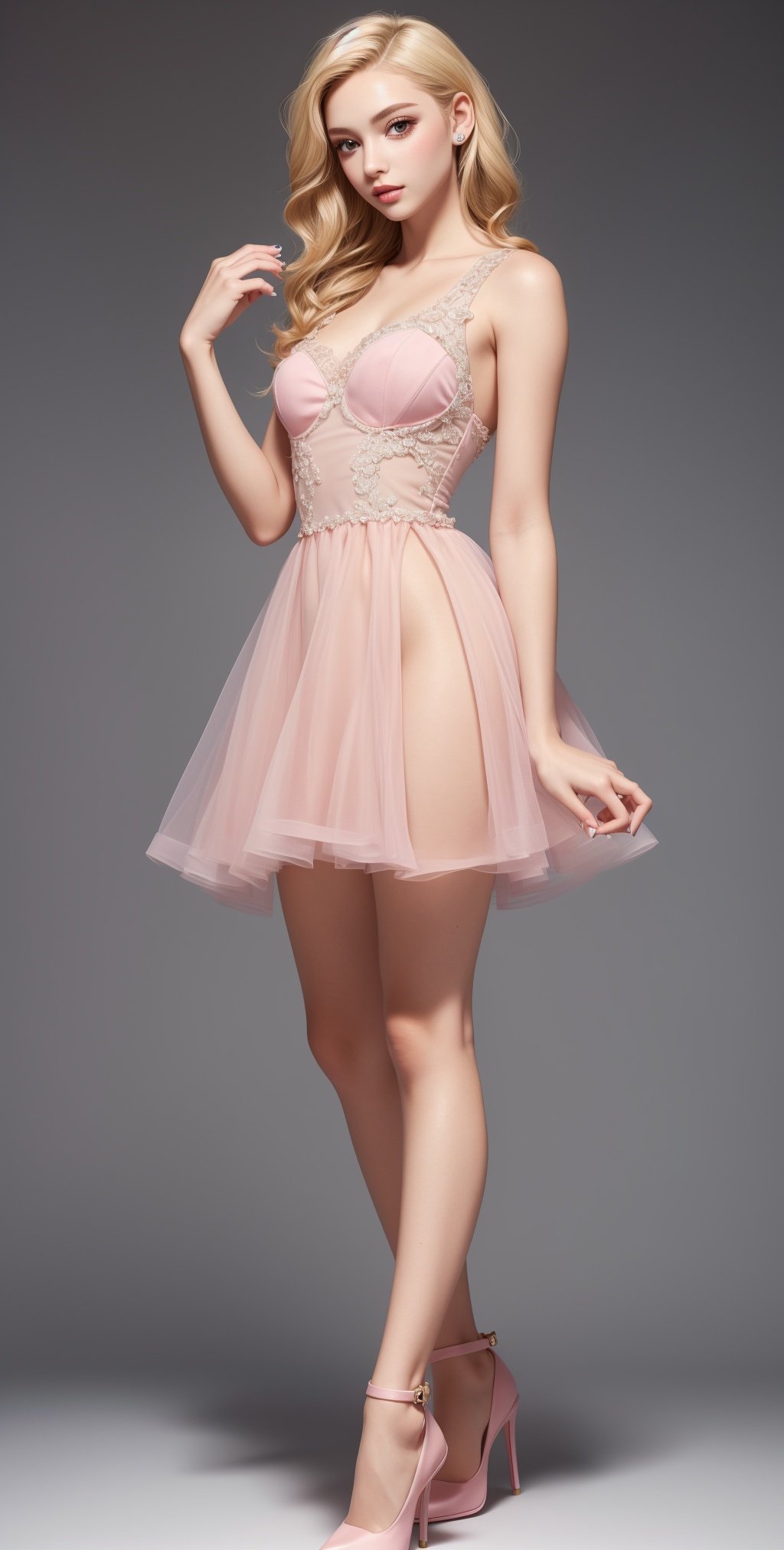 plastic girl with blonde curly hair, wearing pink princess Moschino dress, pink high heels, pink ballroom background, pale skin, full body, Plastic Skin ,Shiny ,(masterpiece, top quality, best quality, official art, beautiful and aesthetic:1.2)