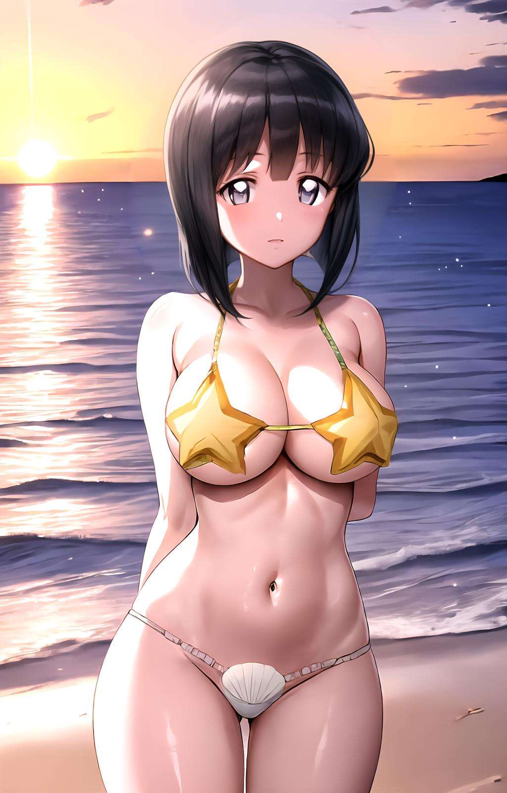 masterpiece, best quality, best aesthetic, anime, ultra detailed,siesta, 1girl, (black hair:1.1025), (wide hips:1.1025), (large breasts:1.1025), (midriff:1.1025), (navel:1.1025), starfish_shell_bikini, (shell bikini, bikini, pearl string:1.1025, (white bikini bottom, seashell, thong bikini:1.2), (orange, yellow bikini top:1.2), cowboy shot, looking at viewer, front view, arms at sides, outdoors, beach, sunset, <lora:Siesta_zero_no_tsukaima:1:OUTALL>, <lora:more_details:0.5>