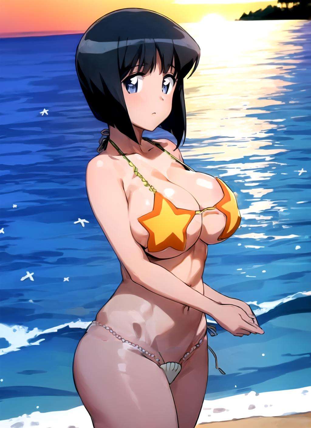 masterpiece, best quality, best aesthetic, anime, ultra detailed, siesta, 1girl, (black hair:1.1025), (wide hips:1.1025), (large breasts:1.1025), (midriff:1.1025), (navel:1.1025), starfish_shell_bikini, (shell bikini, bikini, pearl string:1.1025, (bikini bottom, seashell, thong bikini:1.2), (orange bikini top, star \(symbol\),:1.2), cowboy shot, looking at viewer, front view, arms at sides, outdoors, beach, sunset, <lora:starfishshellbikini-09:0.8>, <lora:more_details:0.5>