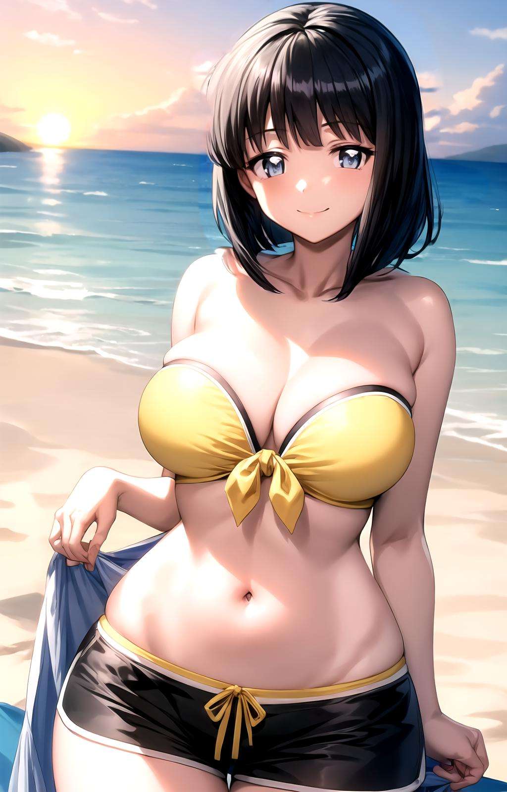 masterpiece, best quality, best aesthetic, anime, ultra detailed,siesta, 1girl, solo, siestaovabikini, (yellow bikini top, strapless, strapless bikini), front-tie bikini top, (black shorts, short shorts:1.2), (large breasts, wide hips:1.3), (short hair, black hair, blunt bangs:1.2), blue eyes, (smile, closed mouth:1.2), cowboy shot, looking at viewer, outdoors, beach, sunset, <lora:Siesta_zero_no_tsukaima:1:OUTALL>, <lora:more_details:0.5>