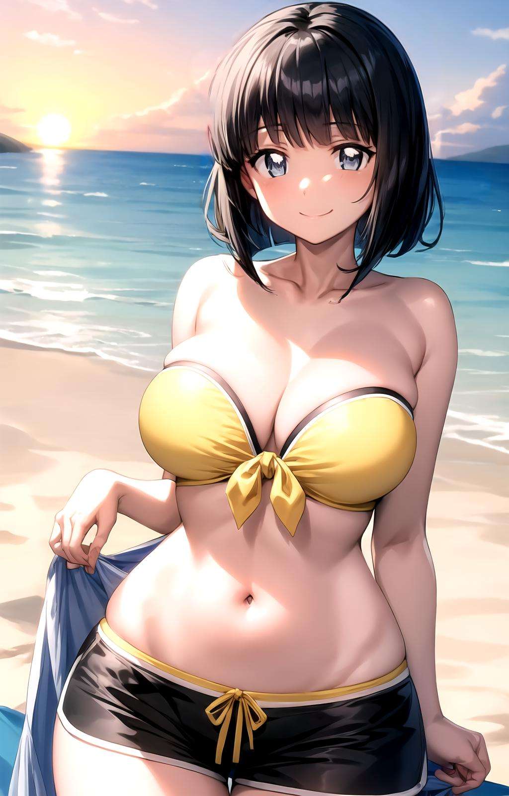 masterpiece, best quality, best aesthetic, anime, ultra detailed,siesta, 1girl, solo, siestaovabikini, (yellow bikini top, strapless, strapless bikini), front-tie bikini top, (black shorts, short shorts:1.2), (large breasts, wide hips:1.3), (short hair, black hair, blunt bangs:1.2), blue eyes, (smile, closed mouth:1.2), cowboy shot, looking at viewer, outdoors, beach, sunset, <lora:Siesta_zero_no_tsukaima:1:OUTALL>, <lora:more_details:0.5>