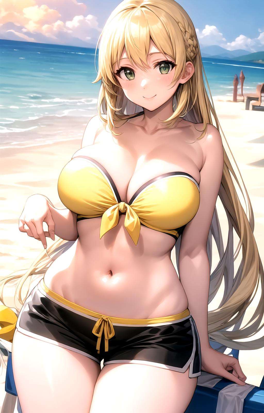 masterpiece, best quality, best aesthetic, anime, ultra detailed,atago \(kancolle\), 1girl, solo, siestaovabikini, (yellow bikini top, strapless bikini:1.2), cleavage, front-tie bikini top, (black shorts, short shorts:1.2), (large breasts, wide hips:1.3), (very long hair, blonde hair:1.5), green eyes, (smile, closed mouth:1.2), cowboy shot, looking at viewer, outdoors, beach, sunset, <lora:siestaovabikini-09:0.8:OUTALL>, <lora:more_details:0.4>