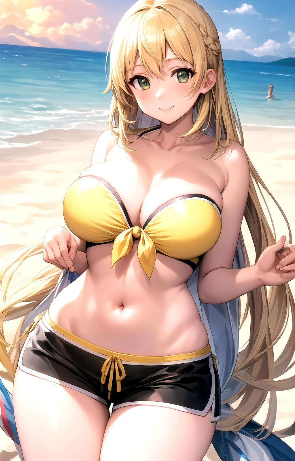 masterpiece, best quality, best aesthetic, anime, ultra detailed,atago \(kancolle\), 1girl, solo, siestaovabikini, (yellow bikini top, strapless bikini:1.2), cleavage, front-tie bikini top, (black shorts, short shorts:1.2), (large breasts, wide hips:1.3), (very long hair, blonde hair:1.5), green eyes, (smile, closed mouth:1.2), cowboy shot, looking at viewer, outdoors, beach, sunset, <lora:siestaovabikini-09:0.7:OUTALL>, <lora:more_details:0.4>