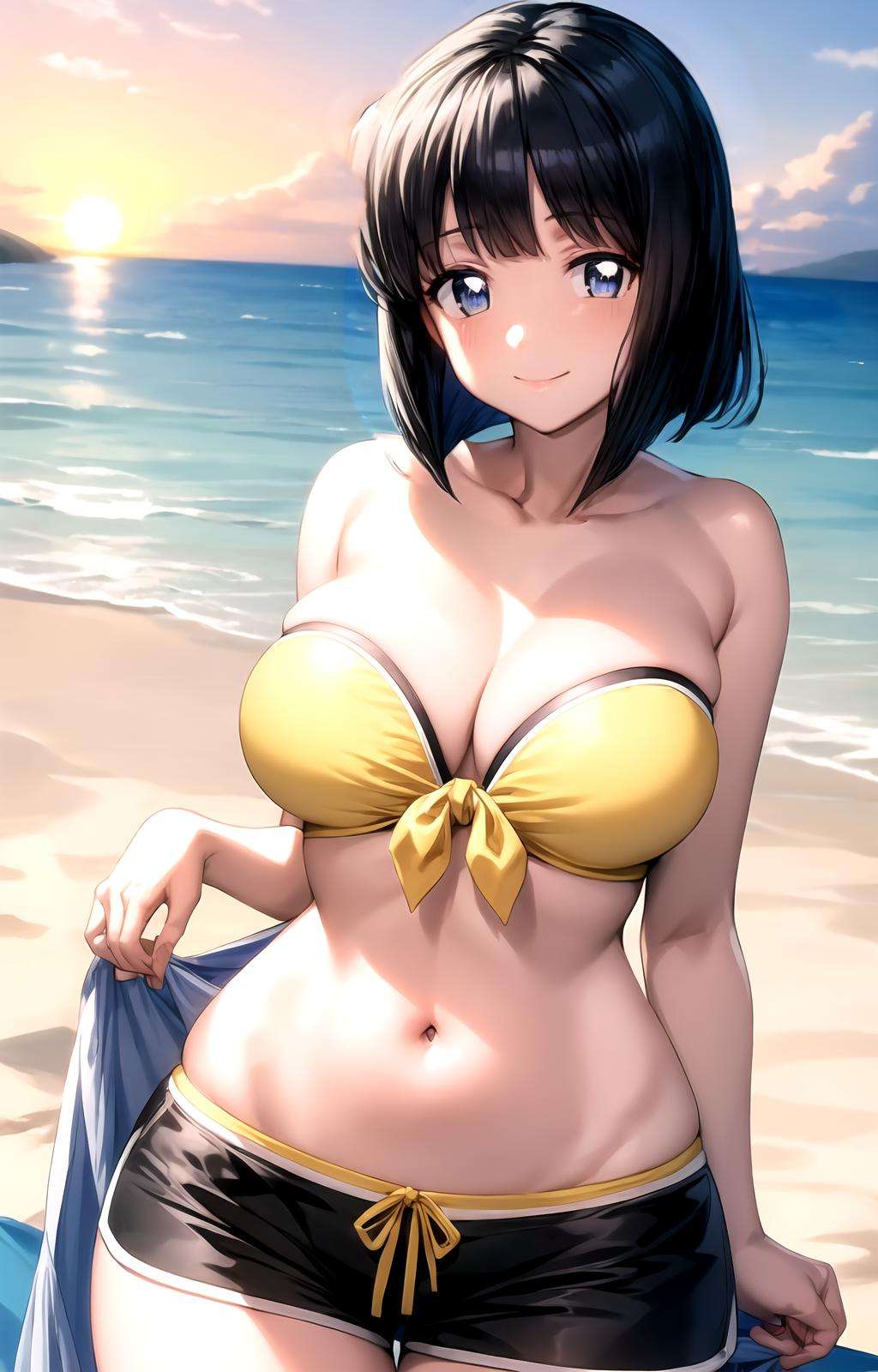 masterpiece, best quality, best aesthetic, anime, ultra detailed,siesta, 1girl, solo, siestaovabikini, (yellow bikini top, strapless, strapless bikini), front-tie bikini top, (black shorts, short shorts:1.2), (large breasts, wide hips:1.3), (short hair, black hair, blunt bangs:1.2), blue eyes, (smile, closed mouth:1.2), cowboy shot, looking at viewer, outdoors, beach, sunset, <lora:Siesta_zero_no_tsukaima:1:OUTALL>, <lora:more_details:0.5>