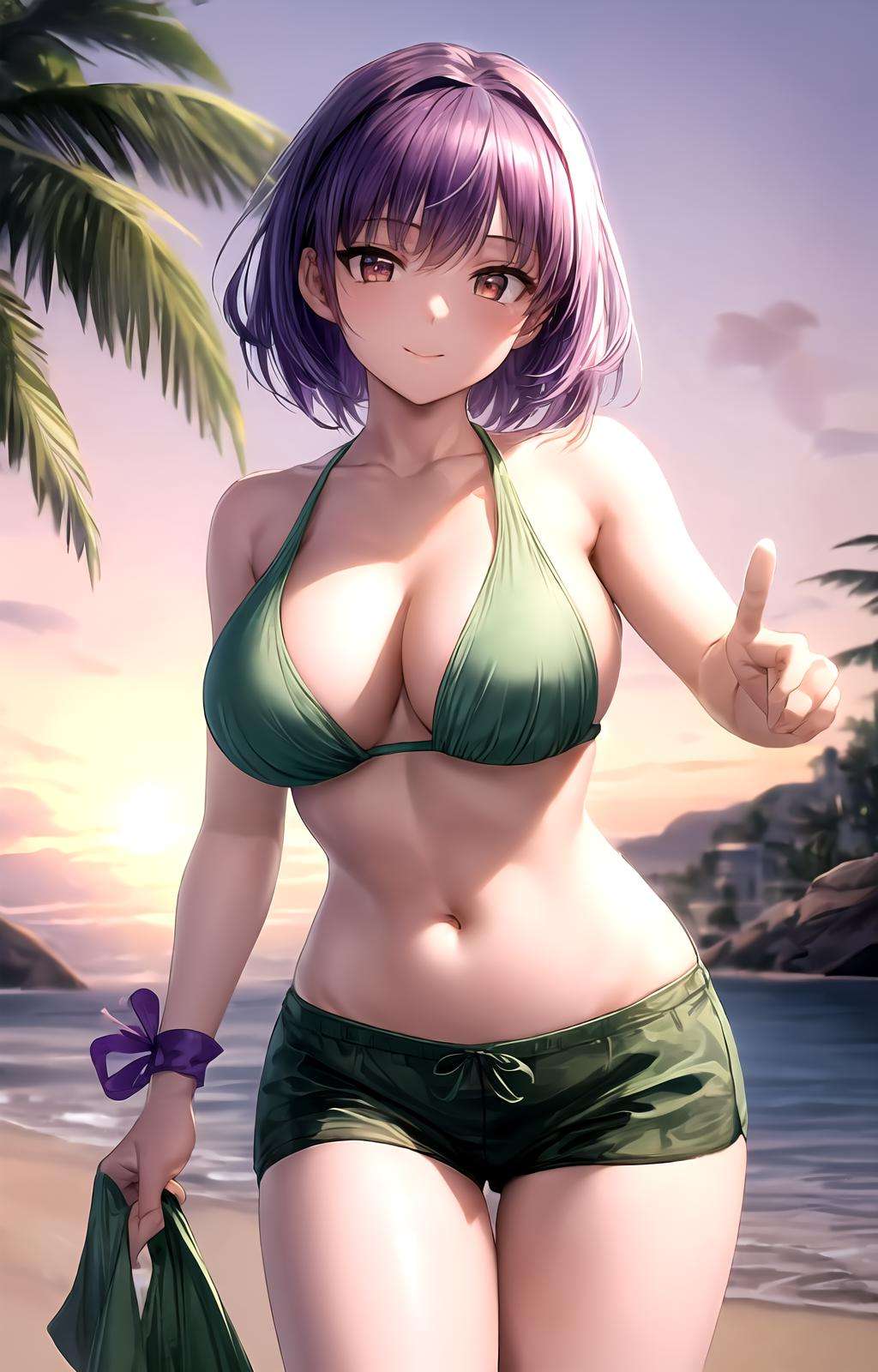 masterpiece, best quality, best aesthetic, anime, ultra detailed,ayane \(doa\), 1girl, solo, ayanemellow, green bikini, (green shorts, short shorts:1.2), (purple headband:1.3), (large breasts, wide hips:1.3), (short hair, purple hair:1.2), red eyes, (smile, closed mouth:1.2), cowboy shot, looking at viewer, outdoors, beach, sunset, <lora:mellow_swimsuit-10:0.7>, <lora:more_details:0.5> 