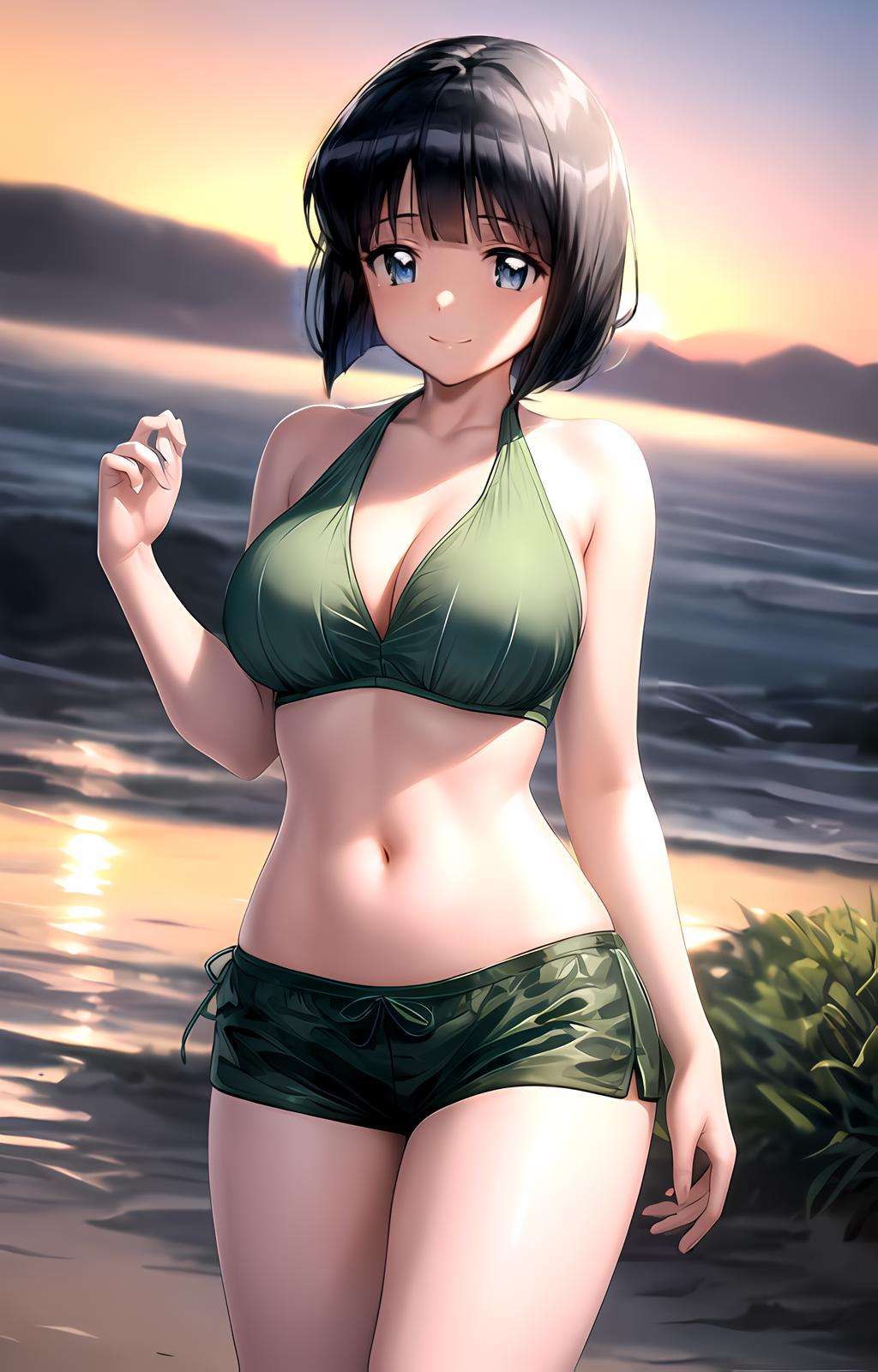 masterpiece, best quality, best aesthetic, anime, ultra detailed,siesta, 1girl, solo, ayanemellow, green bikini, (green shorts, short shorts:1.2), (large breasts, wide hips:1.3), (short hair, black hair, blunt bangs:1.2), blue eyes, (smile, closed mouth:1.2), cowboy shot, looking at viewer, outdoors, beach, sunset, <lora:Siesta_zero_no_tsukaima:1:OUTALL>, <lora:more_details:0.5>