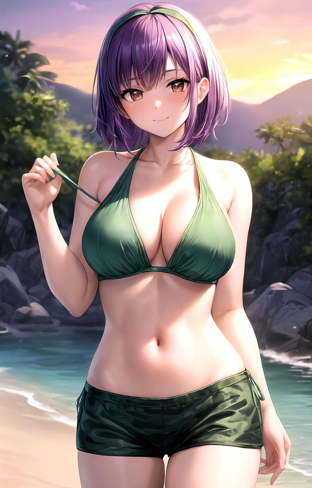 masterpiece, best quality, best aesthetic, anime, ultra detailed,ayane \(doa\), 1girl, solo, ayanemellow, green bikini, (green shorts, short shorts:1.2), (purple headband:1.3), (large breasts, wide hips:1.3), (short hair, purple hair:1.2), red eyes, (smile, closed mouth:1.2), cowboy shot, looking at viewer, outdoors, beach, sunset, <lora:mellow_swimsuit-10:0.7>, <lora:more_details:0.5> 