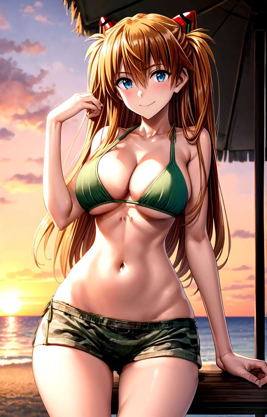 masterpiece, best quality, best aesthetic, anime, ultra detailed,souryuu asuka langley, asuka_yamayoshi, 1girl, solo, ayanemellow, (green bikini:1.2), cleavage, halterneck, (green shorts, camouflage:1.2), (large breasts, wide hips:1.3), (long hair, orange hair:1.2), blue eyes, (smile, closed mouth:1.2), cowboy shot, looking at viewer, outdoors, beach, sunset, <lora:mellow_swimsuit-10:0.7:OUTALL>, <lora:more_details:0.5>