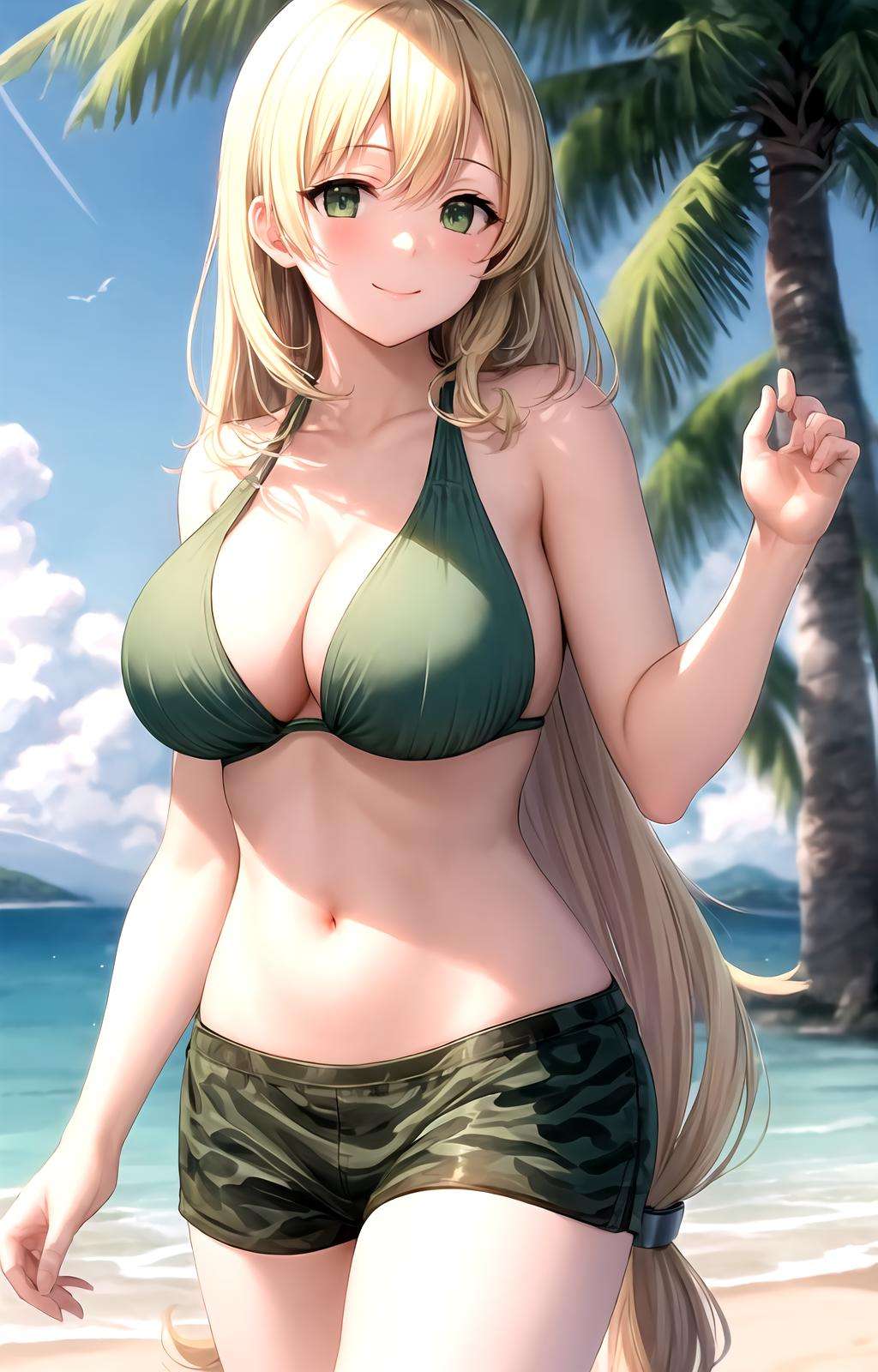 masterpiece, best quality, best aesthetic, anime, ultra detailed,(atago \(kancolle\):1.3), 1girl, solo, ayanemellow, (green bikini:1.2), cleavage, halterneck, (green shorts, short shorts:1.2), (large breasts, wide hips:1.3), (very long hair, blonde hair:1.5), green eyes, (smile, closed mouth:1.2), cowboy shot, looking at viewer, outdoors, beach, sunset, <lora:mellow_swimsuit-10:0.7:OUTALL>, <lora:more_details:0.4>