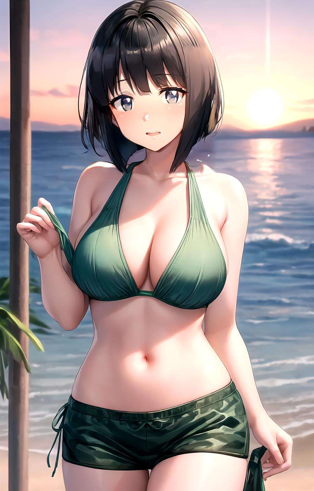 masterpiece, best quality, best aesthetic, anime, ultra detailed,siesta, 1girl, solo, ayanemellow, green bikini, (green shorts, short shorts:1.2), (large breasts, wide hips:1.3), (short hair, black hair, blunt bangs:1.2), blue eyes, (smile, closed mouth:1.2), cowboy shot, looking at viewer, outdoors, beach, sunset, <lora:mellow_swimsuit:0.7>, <lora:more_details:0.5>