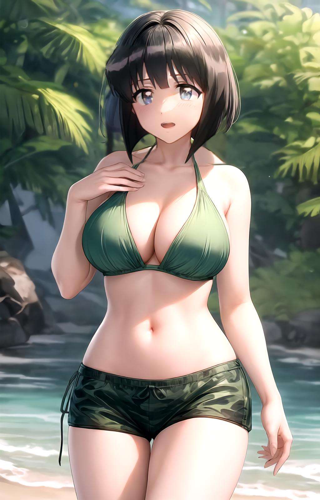 masterpiece, best quality, best aesthetic, anime, ultra detailed,siesta, 1girl, solo, ayanemellow, green bikini, (green shorts, short shorts:1.2), (large breasts, wide hips:1.3), (short hair, black hair, blunt bangs:1.2), blue eyes, (smile, closed mouth:1.2), cowboy shot, looking at viewer, outdoors, beach, sunset, <lora:mellow_swimsuit:0.7>, <lora:more_details:0.5>