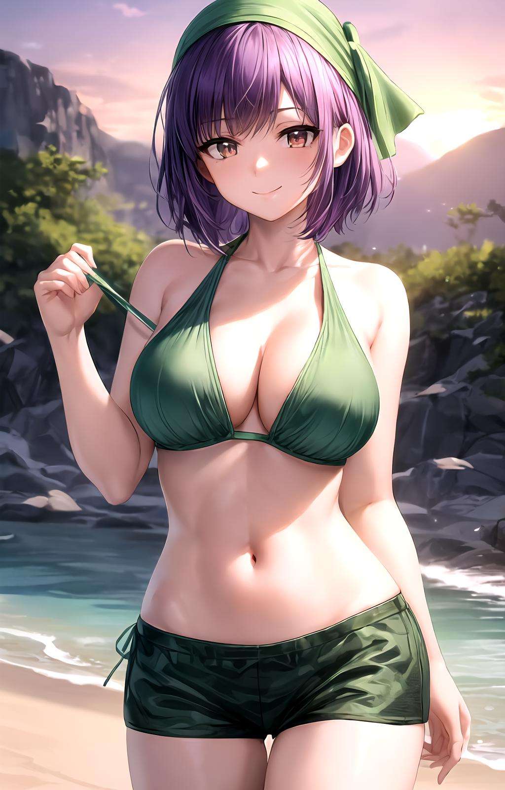 masterpiece, best quality, best aesthetic, anime, ultra detailed,ayane \(doa\), 1girl, solo, ayanemellow, green bikini, (green shorts, short shorts:1.2), (purple bandana:1.2), (large breasts, wide hips:1.3), (short hair, purple hair:1.2), red eyes, (smile, closed mouth:1.2), cowboy shot, looking at viewer, outdoors, beach, sunset, <lora:mellow_swimsuit-10:0.7>, <lora:more_details:0.5> 