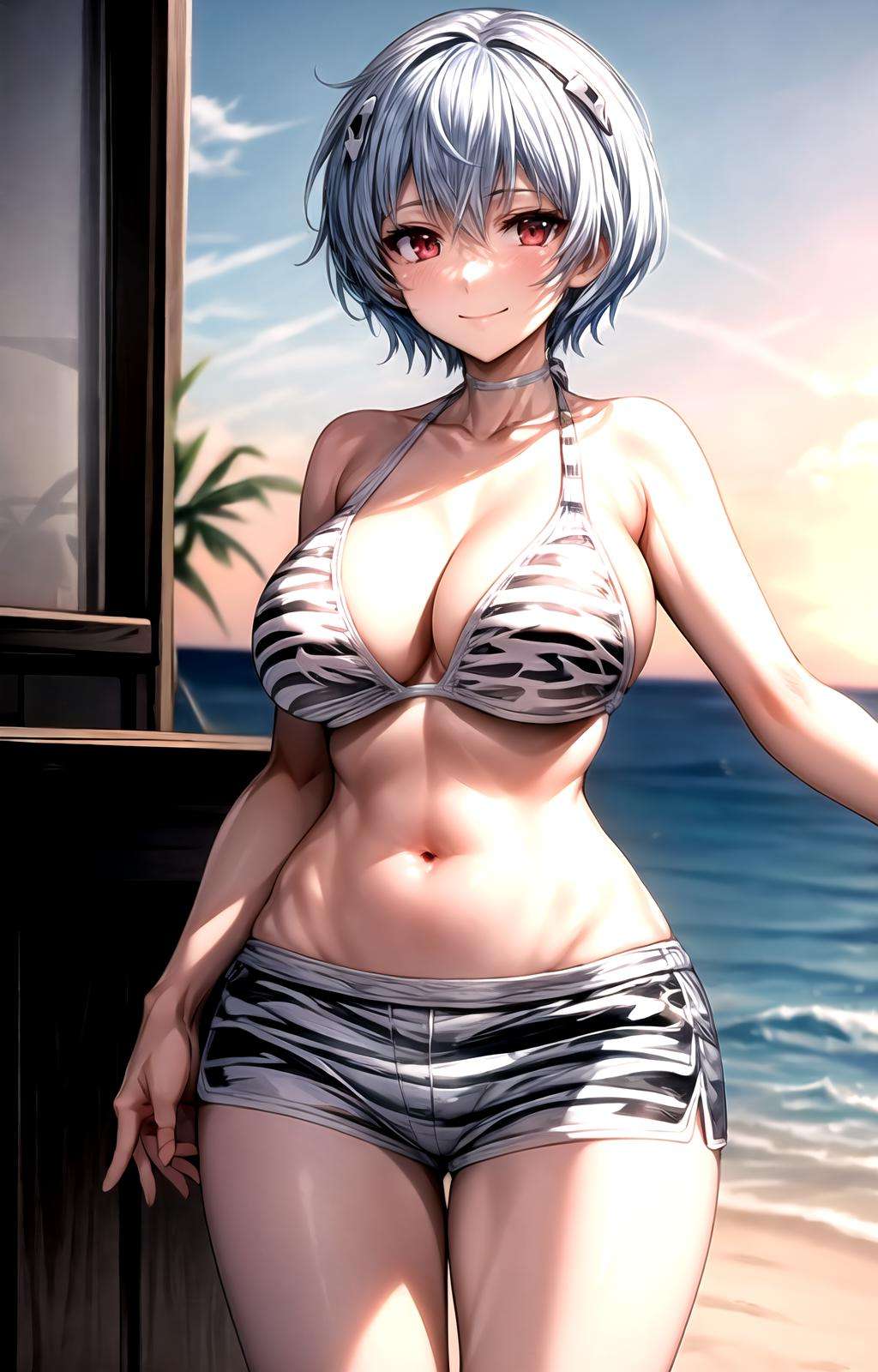 masterpiece, best quality, best aesthetic, anime, neon genesis evangelion, ultra detailed,ayanami rei, 1girl, solo, doax_nixie, (white bikini, striped bikini, animal print:1.2), cleavage, halterneck, (white shorts, short shorts, striped shorts:1.2), (large breasts, wide hips:1.3), (short hair, blue hair:1.2), red eyes, (smile, closed mouth:1.2), cowboy shot, looking at viewer, outdoors, beach, sunset, <lora:more_details:0.2>,  <lora:DOAX_Nixie_Swimsuit-09:te=0.5:unet=1:lbw=OUTALL> :1.0