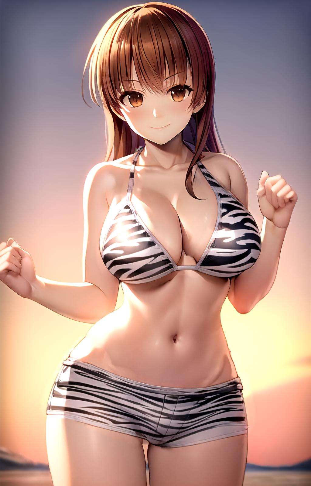 masterpiece, best quality, best aesthetic, anime, senran kagura, ultra detailed,kasumi, kasumi \(doa\), 1girl, solo, doax_nixie, (white bikini, striped bikini, animal print:1.2), cleavage, halterneck, (white shorts, short shorts, striped shorts:1.2), (large breasts, wide hips:1.3), (long hair, brown hair:1.2), brown eyes, (smile, closed mouth:1.2), cowboy shot, looking at viewer, outdoors, beach, sunset, <lora:more_details:0.2>,  <lora:DOAX_Nixie_Swimsuit-09:te=0.5:unet=1:lbw=OUTALL>,  :1.0