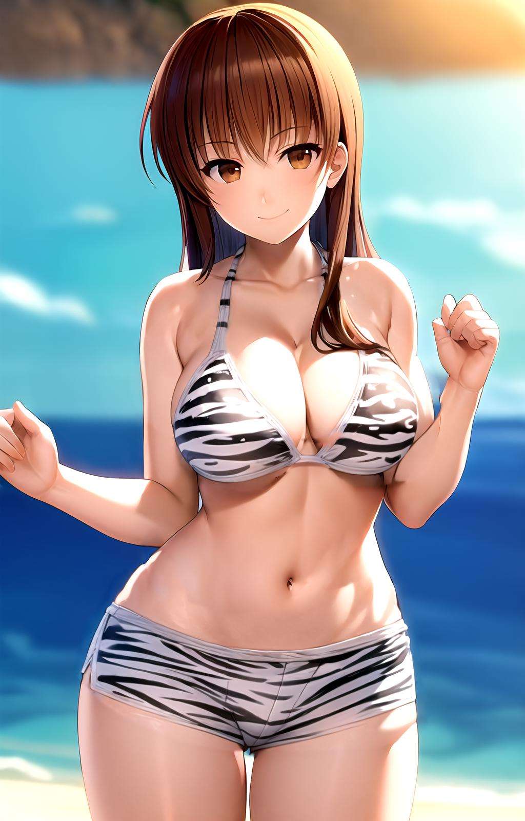 masterpiece, best quality, best aesthetic, anime, senran kagura, ultra detailed,kasumi, kasumi \(doa\), 1girl, solo, doax_nixie, (white bikini, striped bikini, animal print:1.2), cleavage, halterneck, (white shorts, short shorts, striped shorts:1.2), (large breasts, wide hips:1.3), (long hair, brown hair:1.2), brown eyes, (smile, closed mouth:1.2), cowboy shot, looking at viewer, outdoors, beach, sunset, <lora:more_details:0.2>,  <lora:DOAX_Nixie_Swimsuit-09:te=0.5:unet=1:lbw=OUTALL>,  :1.0