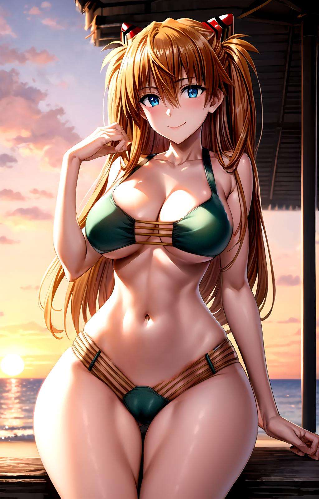 masterpiece, best quality, best aesthetic, anime, ultra detailed,souryuu asuka langley, asuka_yamayoshi, 1girl, solo, xenovia_bikini, (green bikini, multi-strapped bikini:1.2), cleavage, halterneck, (large breasts, wide hips:1.3), (long hair, orange hair:1.2), blue eyes, (smile, closed mouth:1.2), cowboy shot, looking at viewer, outdoors, beach, sunset, <lora:xenovia_bikini-10:te=1:unet=0.8:lbw=OUTALL>, <lora:more_details:0.5> :1.0