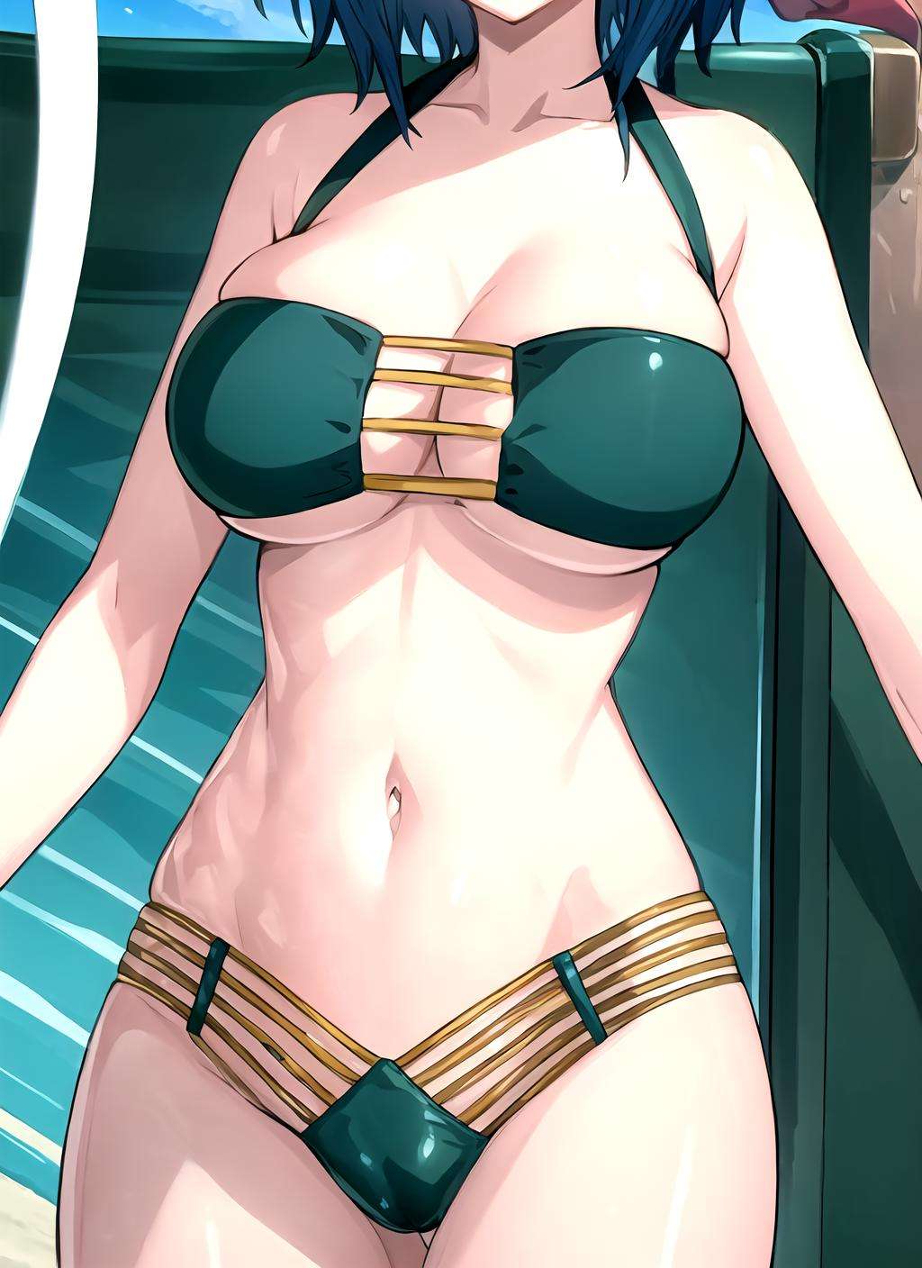 masterpiece, best quality, best aesthetic, anime, ultra detailed,xenovia quarta, 1girl, (blue hair:1.1025), (wide hips:1.1025), (large breasts:1.1025), (midriff:1.1025), (navel:1.1025), xenovia_bikini, (green bikini, multi-strapped bikini :1.2), long legs, cowboy shot, looking at viewer, front view, arms at sides, outdoors, beach, sunlight, <lora:xenovia_bikini-10:1>