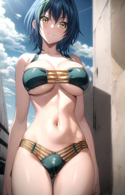 masterpiece, best quality, best aesthetic, anime, ultra detailed,xenovia quarta, 1girl, (blue,green hair, yellow eyes:1.1025), (wide hips:1.1025), (large breasts:1.1025), (midriff:1.1025), (navel:1.1025), xenovia_bikini, (green bikini, multi-strapped bikini :1.2), long legs, cowboy shot, looking at viewer, (smile, closed mouth:1.2), front view, arms at sides, outdoors, beach, sunlight, <lora:xenovia_bikini-10:te=1:unet=1:lbw=OUTALL>, <lora:more_details:0.25> :1.0