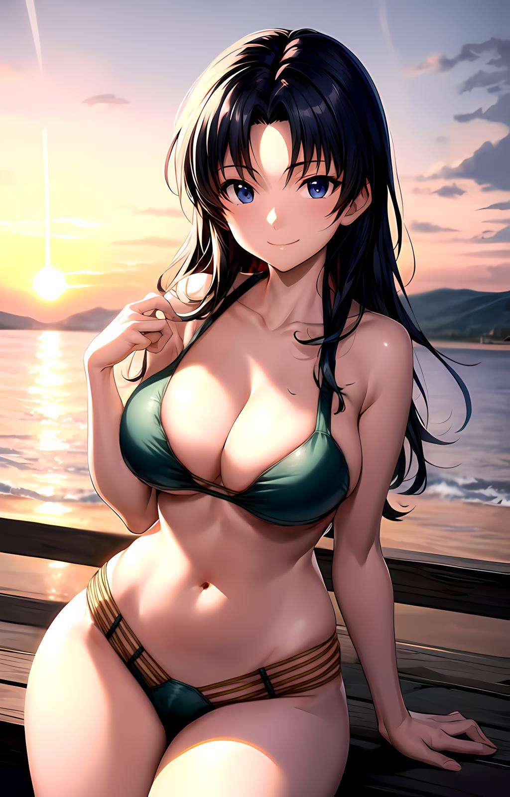 masterpiece, best quality, best aesthetic, anime, ultra detailed, neon genesis evangelion, katsuragi misato, 1girl, solo, xenovia_bikini, (green bikini, multi-strapped bikini:1.2), cleavage, halterneck, (large breasts, wide hips:1.3), (long hair, dark blue hair:1.2), relaxed eyes, (smile, closed mouth:1.2), cowboy shot, looking at viewer, outdoors, beach, sunset, <lora:more_details:0.5>, <lora:xenovia_bikini-10:te=1:unet=0.8:lbw=OUTALL>,  :1.0