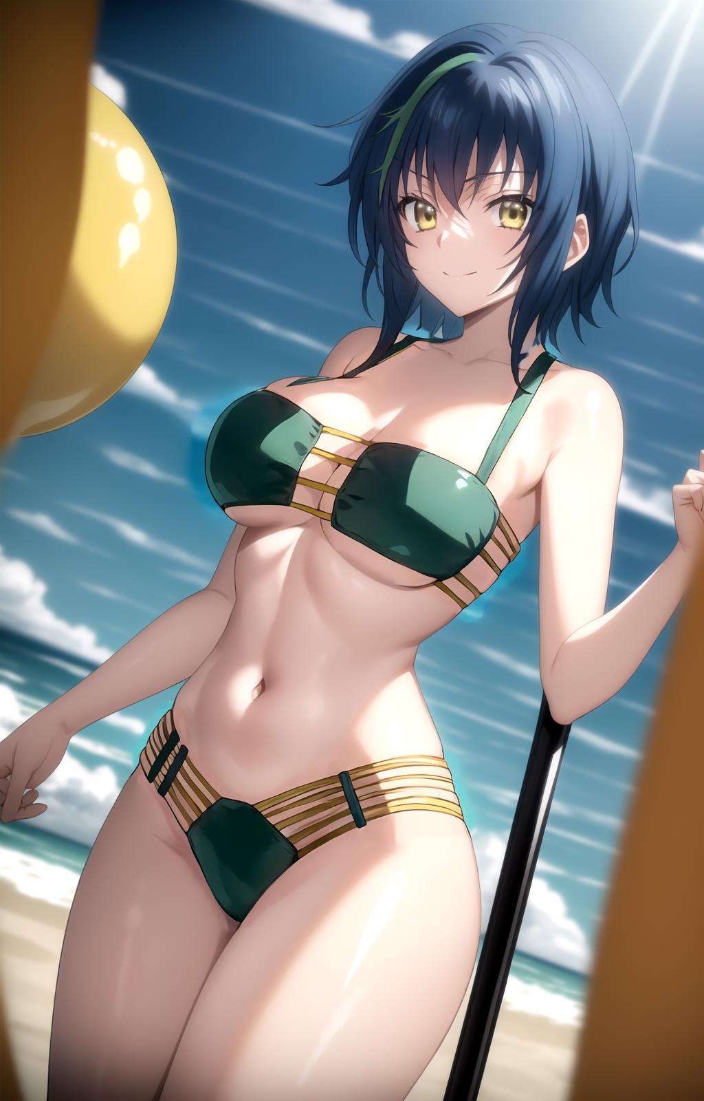 masterpiece, best quality, best aesthetic, anime, ultra detailed,xenovia quarta, 1girl, (blue,green hair, yellow eyes:1.1025), (wide hips:1.1025), (large breasts:1.1025), (midriff:1.1025), (navel:1.1025), xenovia_bikini, (green bikini, multi-strapped bikini :1.2), long legs, cowboy shot, looking at viewer, (smile, closed mouth:1.2), front view, arms at sides, outdoors, beach, sunlight, <lora:xenovia-dxd-13:1>