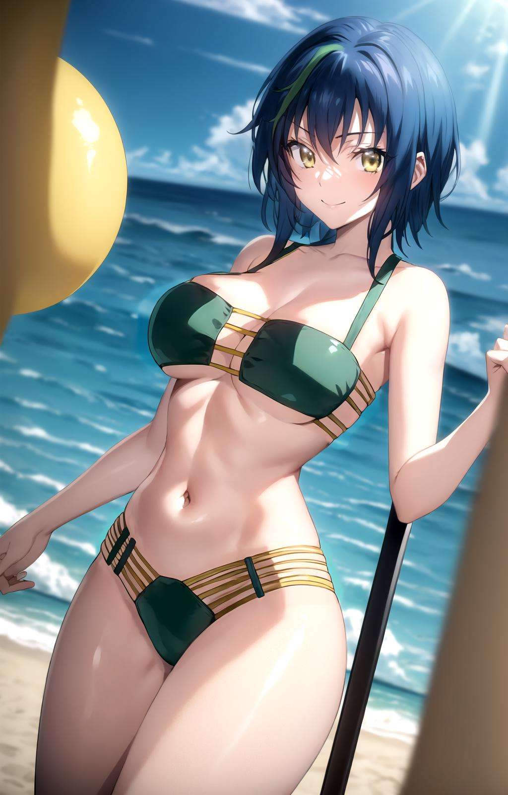 masterpiece, best quality, best aesthetic, anime, ultra detailed,xenovia quarta, 1girl, (blue,green hair, yellow eyes:1.1025), (wide hips:1.1025), (large breasts:1.1025), (midriff:1.1025), (navel:1.1025), xenovia_bikini, (green bikini, multi-strapped bikini :1.2), long legs, cowboy shot, looking at viewer, (smile, closed mouth:1.2), front view, arms at sides, outdoors, beach, sunlight, <lora:xenovia-dxd-13:1>