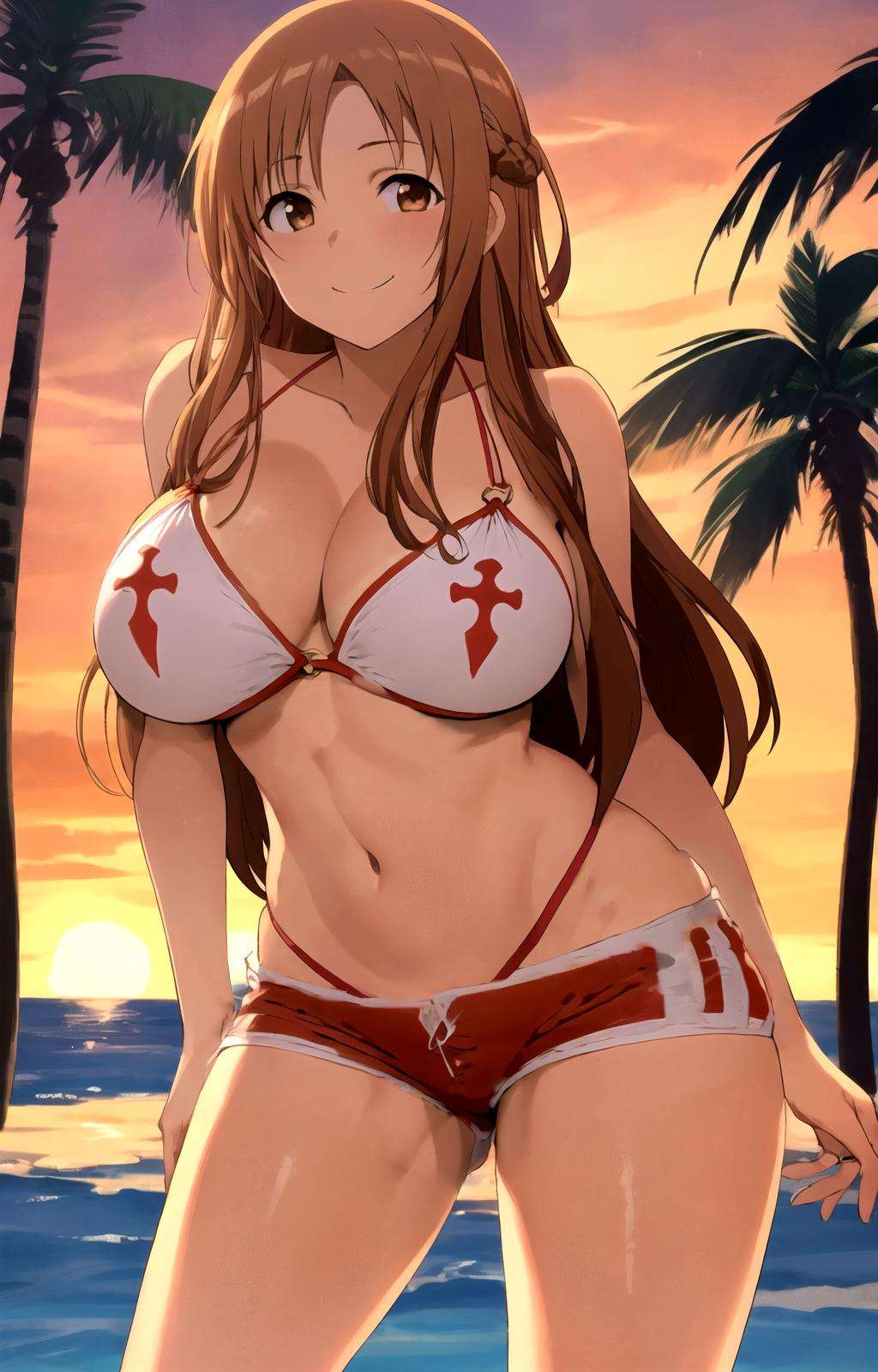 masterpiece, best quality, best aesthetic, anime, ultra detailed,yuuki asuna, 1girl, solo, no10-asuna, (red,white bikini:1.2), (highleg bikini, o-ring bikini:1.2), panties under shorts, cleavage, (red,white shorts, short shorts:1.2), (large breasts, wide hips:1.3), groin, (long hair, brown hair:1.2), brown eyes, (smile, closed mouth:1.2), cowboy shot, looking at viewer, outdoors, beach, sunset, palm tree, <lora:asuna_no10_bikini-10:te=0.5:unet=0.9:lbw=OUTALL> :1.0