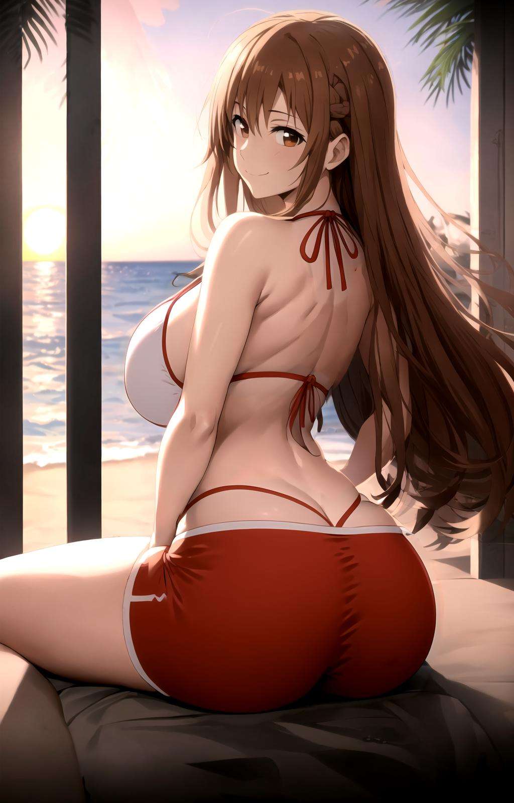 masterpiece, best quality, best aesthetic, anime, ultra detailed,yuki asuna, 1girl, solo, no10-asuna, (red,white bikini, highleg bikini:1.2), cleavage, o-ring bikini, (panties under shorts:1.2), (red,white shorts, short shorts, spot color:1.2), (large breasts, wide hips:1.3), (long hair, brown hair:1.2), brown eyes, (smile, closed mouth:1.2), looking back, looking at viewer, from side, from behind, sitting, ass, underbutt, dimples of venus, outdoors, beach, sunset, palm tree, <lora:Asuna:te=0.6:unet=0.6:lbw=OUTALL>, <lora:more_details:0.2>  :1.0