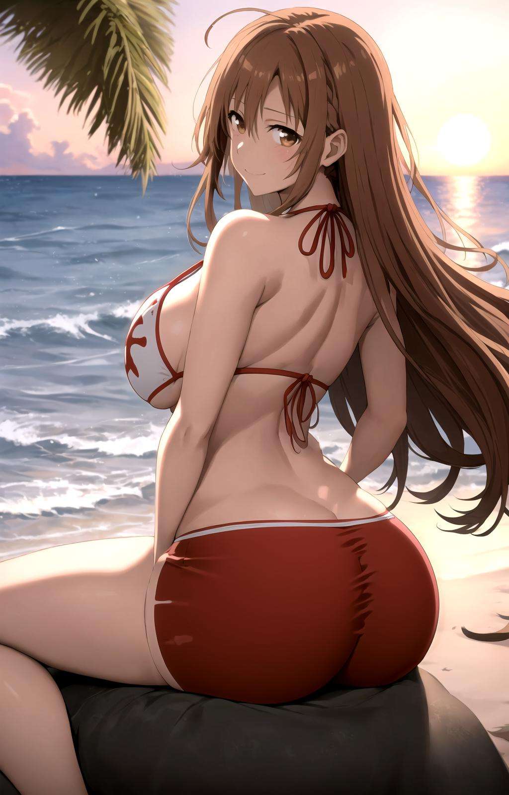 masterpiece, best quality, best aesthetic, anime, ultra detailed,yuki asuna, 1girl, solo, no10-asuna, (red,white bikini, highleg bikini:1.2), cleavage, o-ring bikini, (red,white shorts, short shorts, spot color:1.2), (large breasts, wide hips:1.3), (long hair, brown hair:1.2), brown eyes, (smile, closed mouth:1.2), looking back, looking at viewer, from side, from behind, sitting, ass, dimples of venus, outdoors, beach, sunset, palm tree, <lora:Asuna:te=0.6:unet=0.6:lbw=OUTALL>, <lora:more_details:0.2>  :1.0