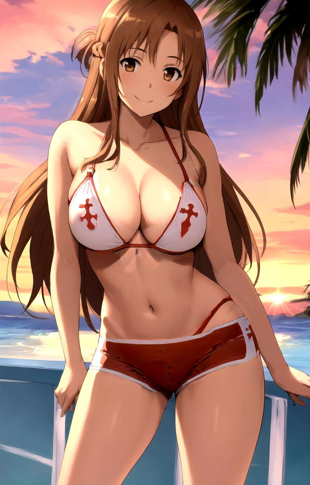 masterpiece, best quality, best aesthetic, anime, ultra detailed,yuuki asuna, 1girl, solo, no10-asuna, (red,white bikini:1.2), (highleg bikini, o-ring bikini:1.2), panties under shorts, cleavage, (red,white shorts, short shorts:1.2), (large breasts, wide hips:1.3), groin, (long hair, brown hair:1.2), brown eyes, (smile, closed mouth:1.2), cowboy shot, looking at viewer, outdoors, beach, sunset, palm tree, <lora:asuna_no10_bikini-10:te=0.5:unet=0.9:lbw=OUTALL> :1.0