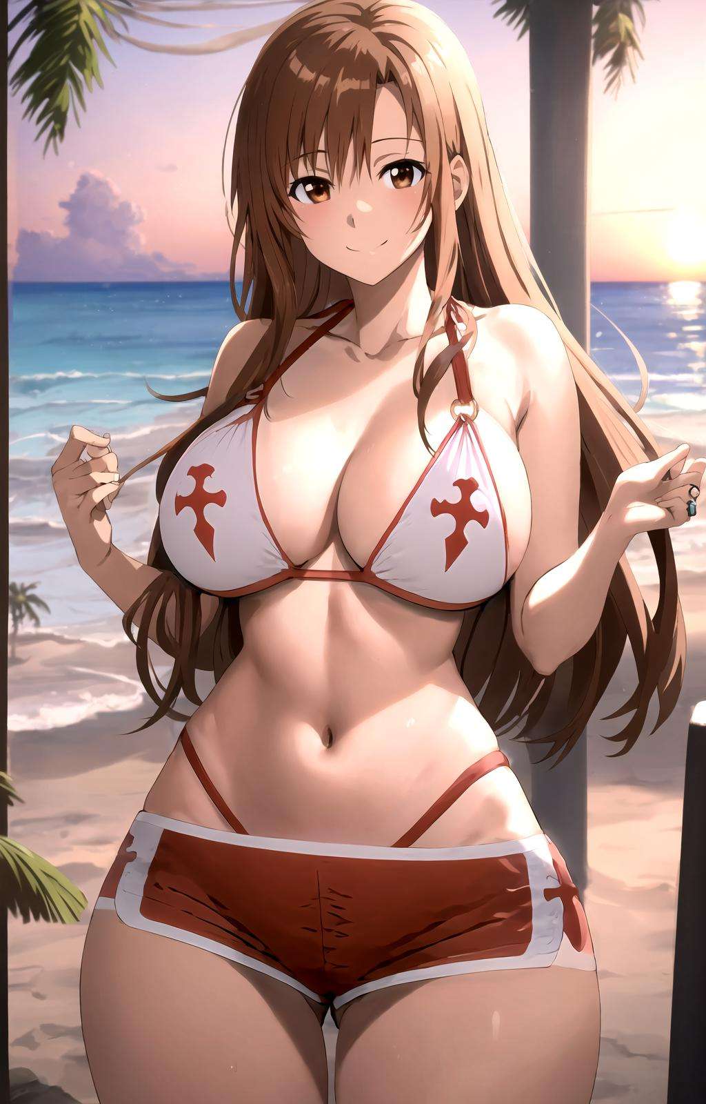 masterpiece, best quality, best aesthetic, anime, ultra detailed,yuuki asuna, blood knight uniform, 1girl, solo, no10-asuna, (red,white bikini:1.2), (highleg bikini, o-ring bikini:1.2), panties under shorts, cleavage, (red,white shorts, short shorts:1.2), (large breasts, wide hips:1.3), (long hair, brown hair:1.2), brown eyes, (smile, closed mouth:1.2), cowboy shot, looking at viewer, outdoors, beach, sunset, palm tree, <lora:Asuna:te=0.5:unet=0.7:lbw=OUTALL> :1.0