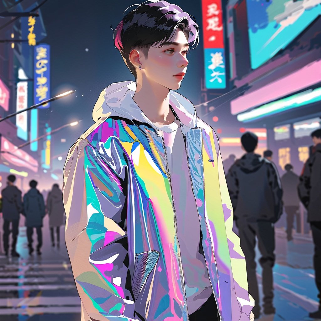 holographic cloth,leishe,laser,1 young man,masterpiece,best quality,highly detailed,city_background,nights,shallow depth of field,(style of Yanjun Cheng, iridescent:0.6)