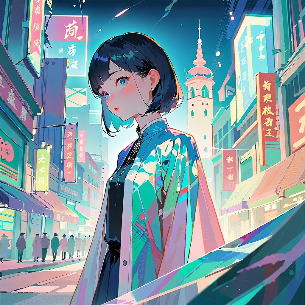 guofeng,illustration,holographic cloth,leishe,laser,a 20yo girl,masterpiece,best quality,highly detailed,city_background,nights,shallow depth of field,(style of Victo Ngai:0.5),holographic