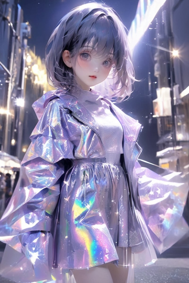 holographic cloth,leishe,laser,star,starlight,1girl,masterpiece,best quality,highly detailed,city_background,nights,shallow depth of field,<lora:lasesXL:1>,