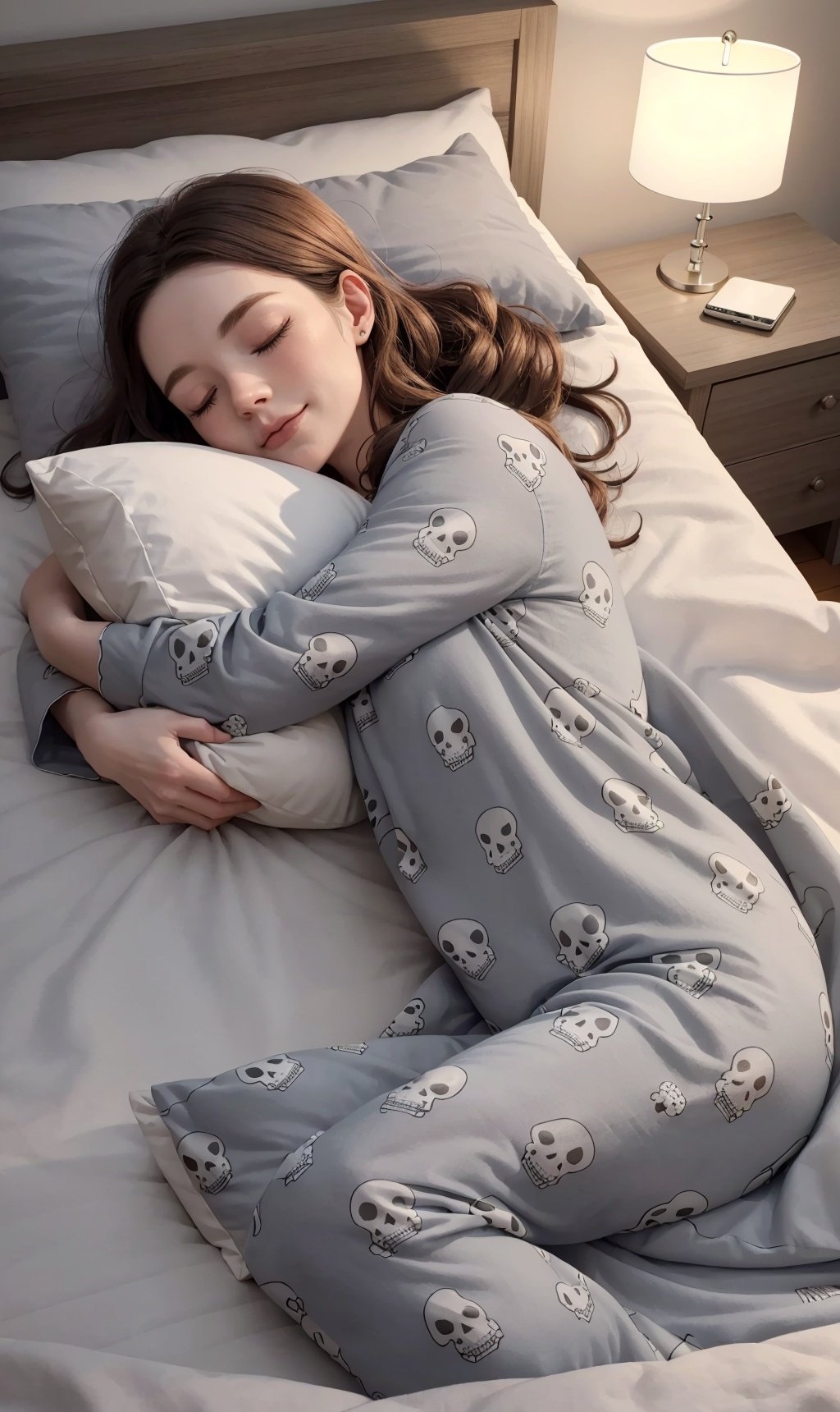 Hyper-realistic illustration, CG illustration, from top angle, a Sleeping girl, beautiful face and body shape, closed eyes, sleeping on bed, (turned body sleep), wearing grey pajamas set with cute skull printed on it, (messy hair), messy bed linen, (huggging pillow), (in low light bedroom), Only the table lamp illuminates his face and part of his body, deep shadow, warm light, masterpiece at best quality, hyper-detailed:1.33