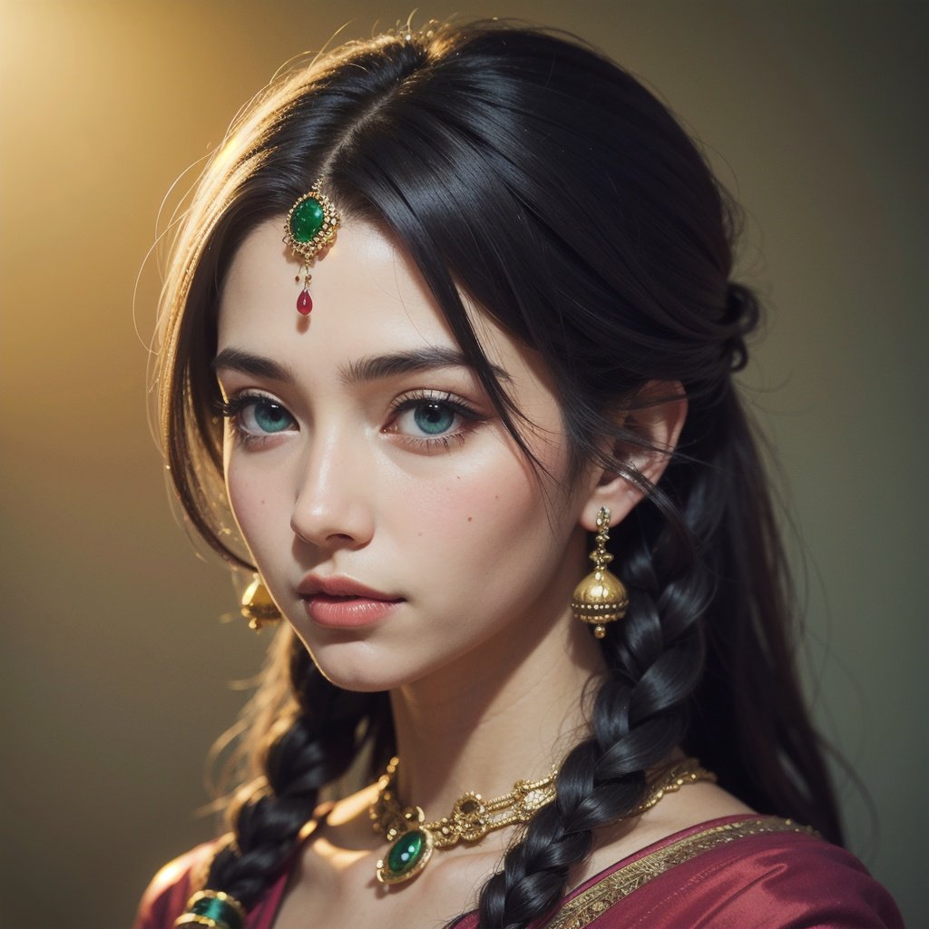 Protrait, photograph, androgynous hunnuman, oval jaw, delicate features, beautiful face, dreadlocked hair, long bangs, long ponytail, bright blue-green eyes, hindu art, Korean