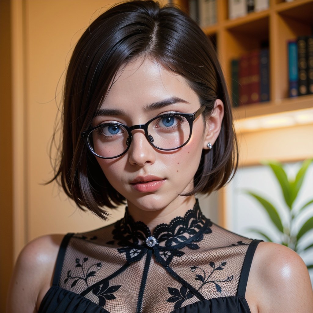 glasses, fairy extra big blue eyes, photograph, androgynous hunnuman, oval jaw, delicate features, beautiful face, normal boobs,arshadArt,LuxuriousWheelsCostume,risadoll,flower-pattern_see-through_black_dress