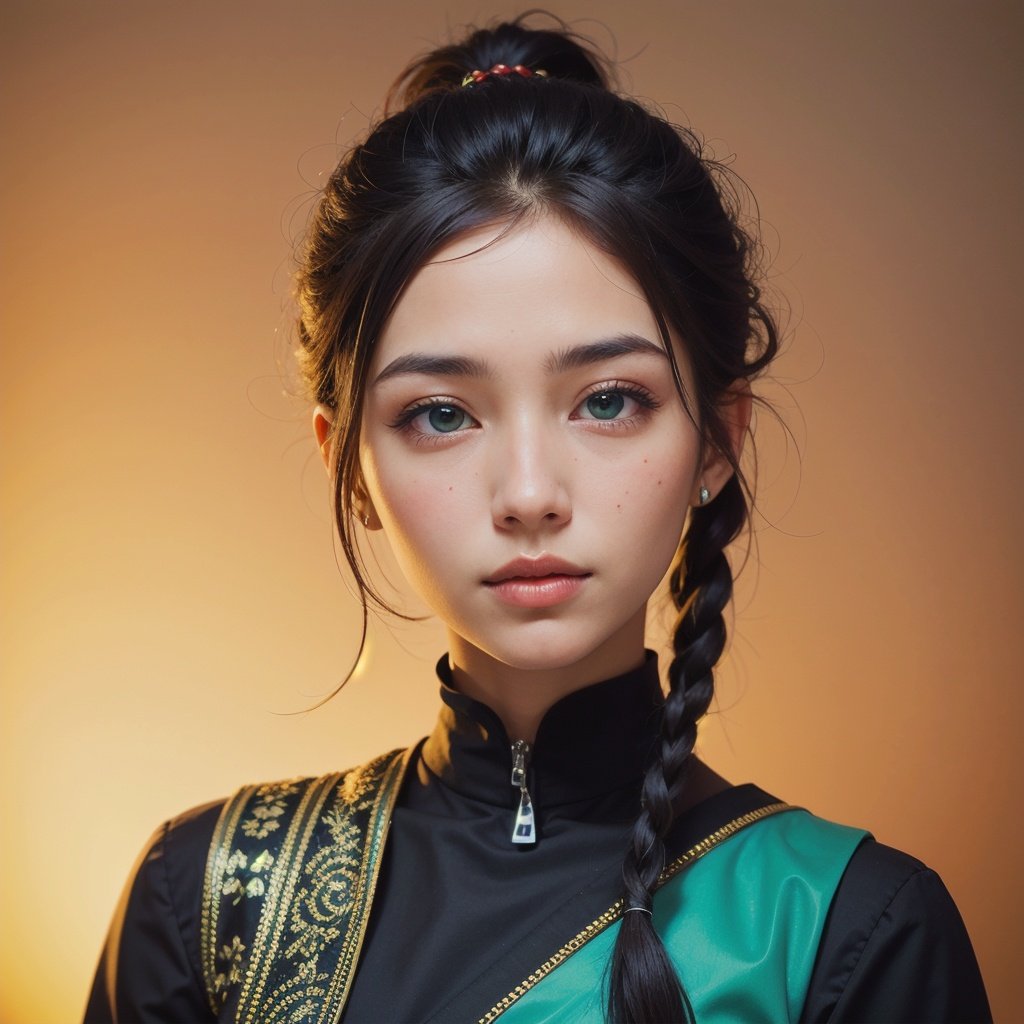 Protrait, photograph, androgynous hunnuman, oval jaw, delicate features, beautiful face, dreadlocked hair, long bangs, long ponytail, bright blue-green eyes, hindu art, Korean