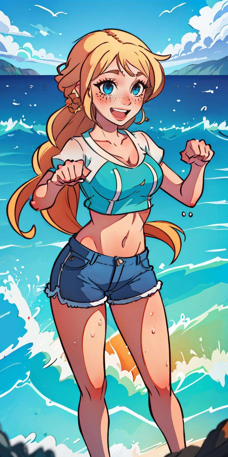 (best quality, masterpiece1.2), (detailed eye:1.2), intricate detail, depth of field, 1girl, standing, upper body, blonde, long hair, braid, ocean, crop-top, shorts, wet, happy, freckles, paw pose, 