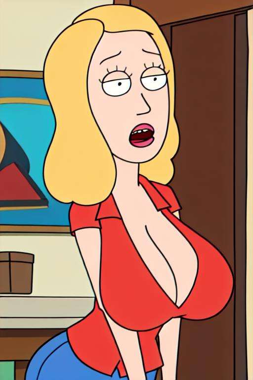 <lora:beth_smithv8:0.7> beth smith, 1girl, cartoon, simple, red shirt, blue pants, shocked, surprised, cleavage, huge breasts,  <lora:rick_and_morty_characters:0.3>