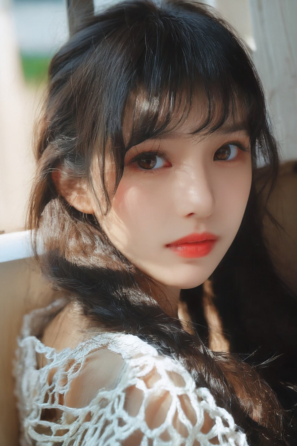 masterpiece,best quality, realistic, film grain,RAW photo, 32k, ,8k uhd, simple background,1 girl, solo, (detail skin:1.2), looking at viewer, portrait, black hair, long hair, brown eyes, lips, short sleeves, window, upper body, bangs,