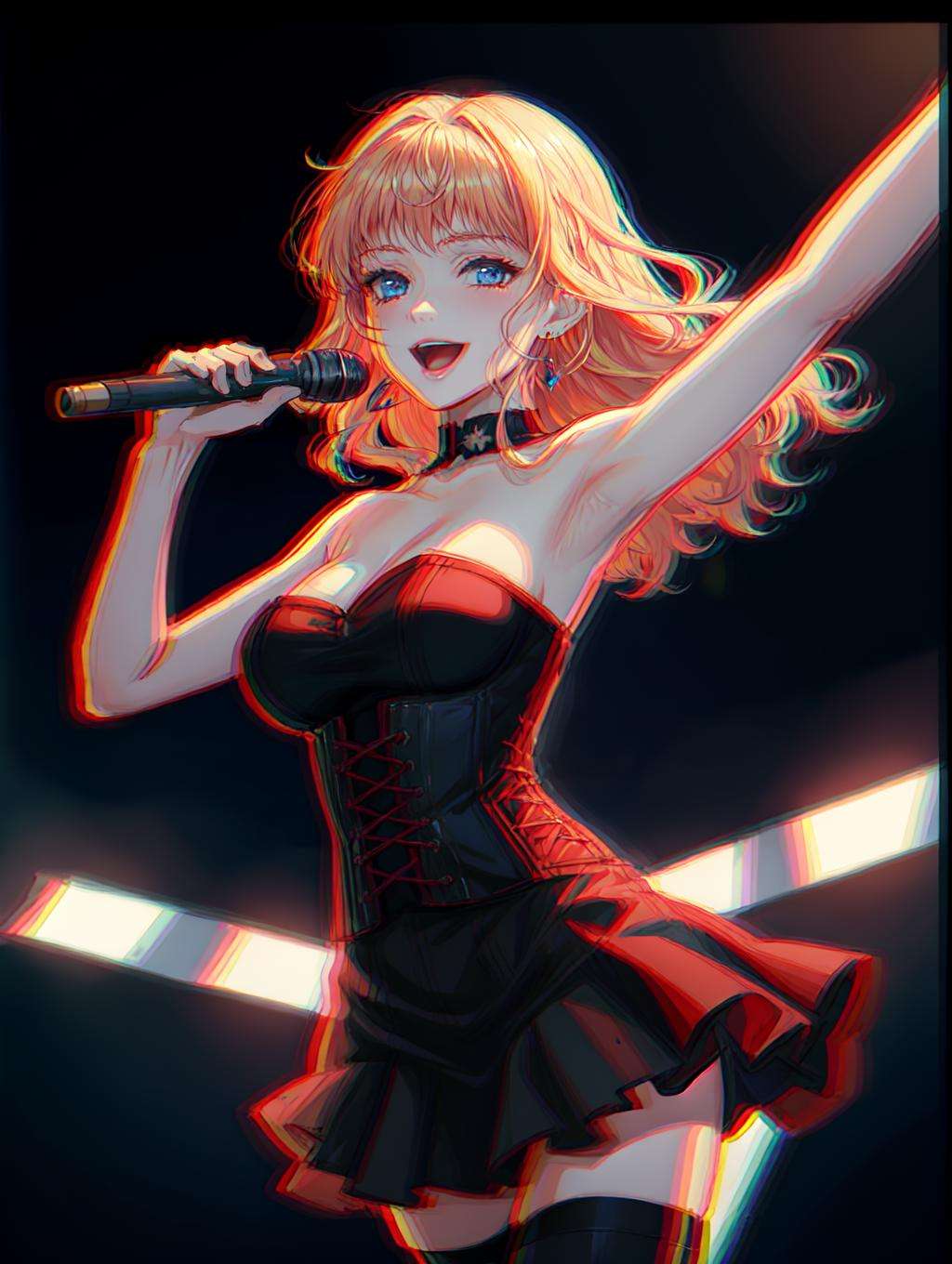 absurdres, higres, ultra detailed,  sharp focus,solo, diagonal view, cowboy shot, wide shot,<lora:macrossfrontier_nome-08:1> sheryl nome, long gradient hair, singing, earrings, strapless dress, corset, layered skirt, thighhighs, bare shoulders, looking at viewer, on stage, bouncing hair, smile, dynamic pose, cinematic lighting, HDR, <lora:rgb_zurashi_narrow_rb22222_8:1> <lora:flat:-0.5> <lora:flatBG:1> <lyco:envybetterhandsLocon_beta2:1.0>