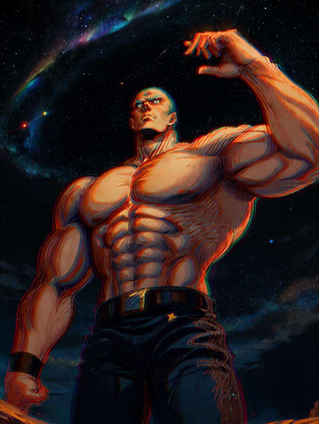 absurdres, highres, ultra detailed, HNKstyle, cowboy shot, nightsky, star \(sky\), (Big Dipper), constellation,  wide shot, solo, from bellow, raoh \(hokuto no ken\), bald, no eyebrows, topless male, muscular, tan, belt, standing, looking up,serious, looking away, perfect hands,  <lora:chromatic_aberration_narrow_v11:1><lora:HNKstyle-000001:0.7> <lora:nonipples_v10:1><lora:flat:-1><lora:flatBG:1>  <lora:LECO_LessMuscularity:-1><lyco:envybetterhandsLocon_beta2:1>   <lora:no_eyebrows_v10:1>