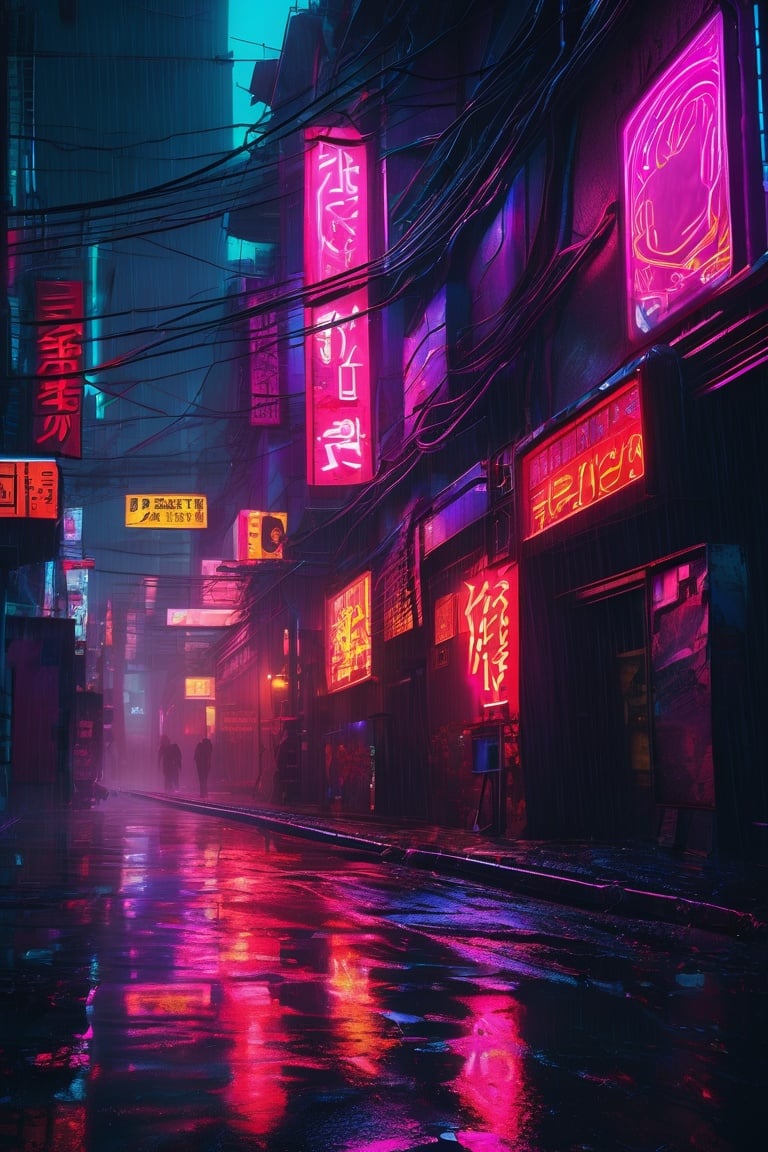 Cyberpunk Style,A rainy alleyway in the cyberpunk city, where a demon girl with glowing red eyes lurks in the shadows. Neon signs and holographic billboards create a striking contrast against the dark, wet environment. Mysterious and menacing atmosphere, rain-soaked streets, neon lights, glowing demonic eyes.