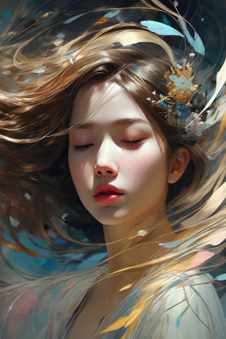 masterpiece, best quality, ultra high res, (abstract art:1.4), portrait, 1girl, flying hair, hair ornament, eyes closed , detailed, realistic, 8k uhd, high quality
