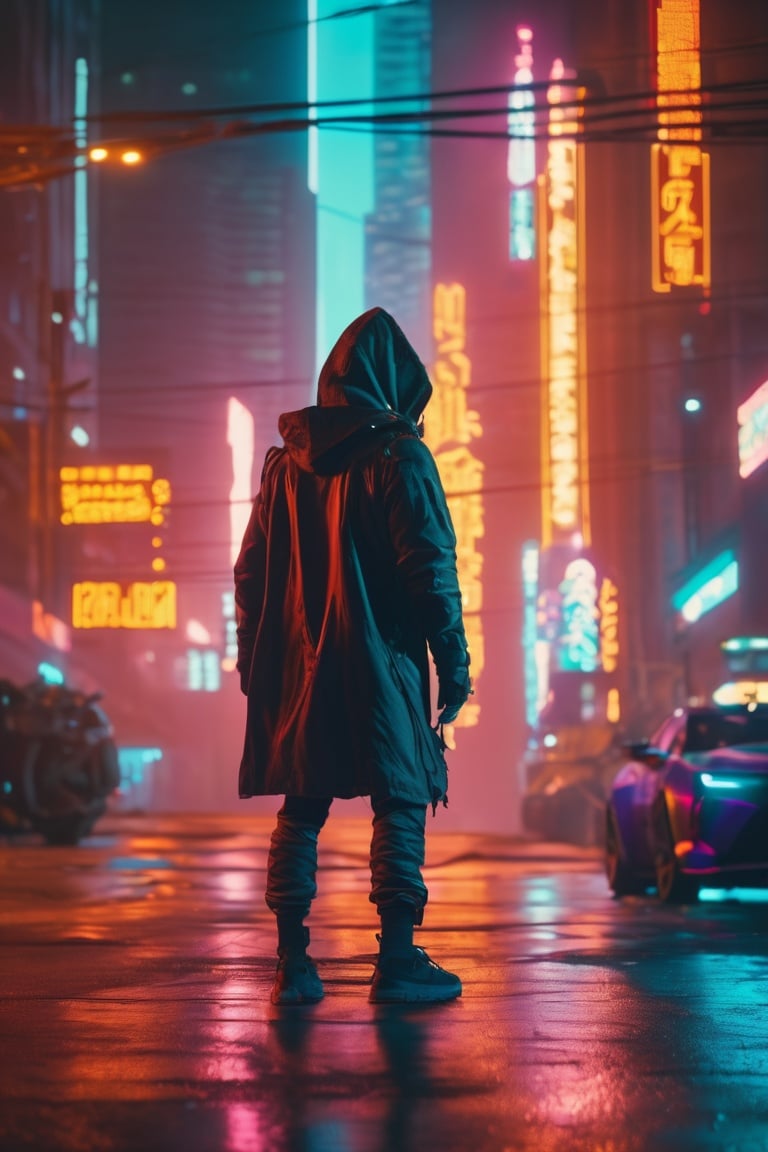 Cyberpunk Style,"cinematic still, medium shot on ARRI Alexa 35, a lone hooded figure using chaos magic, low-key color grading, hyper-realistic pop, cyberpunk, Chicago 2087