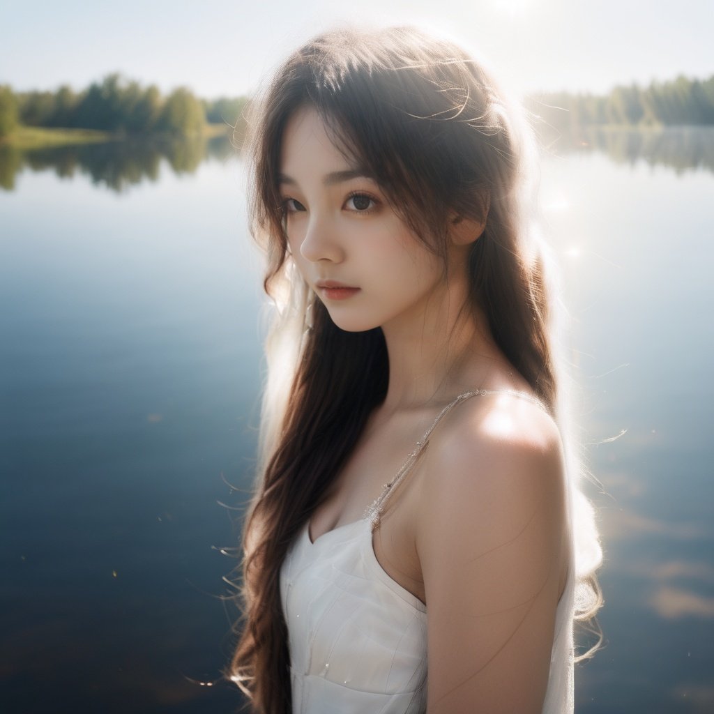 (strong rim lighting:1.2),(light penetrates through hair strands:1.2),white dress,exposed shoulders,looking at the viewer,(long curly hair:1.1),depth in field,(mist:1.2),morning sunshine,lake,1girl,<lora:SDXL_Overlighting:1.5>,